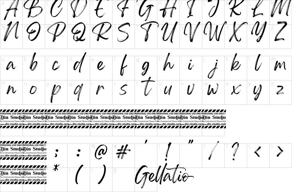 Mapa de caracteres da fonte Gellatio Font