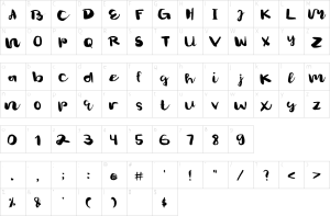 Mapa de caracteres da fonte Gelsson Script Font