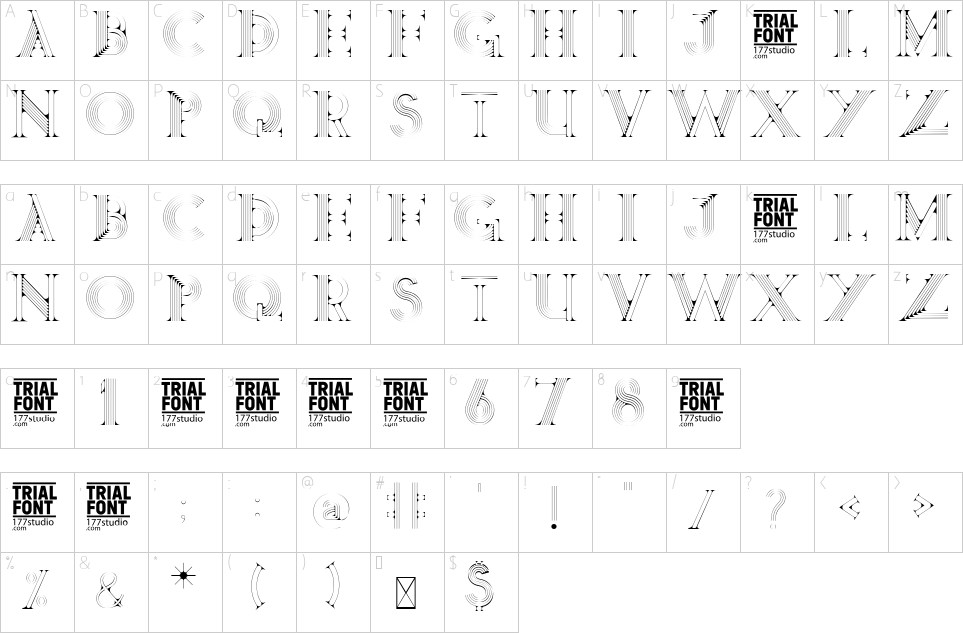 Mapa de caracteres da fonte Genre Line Font