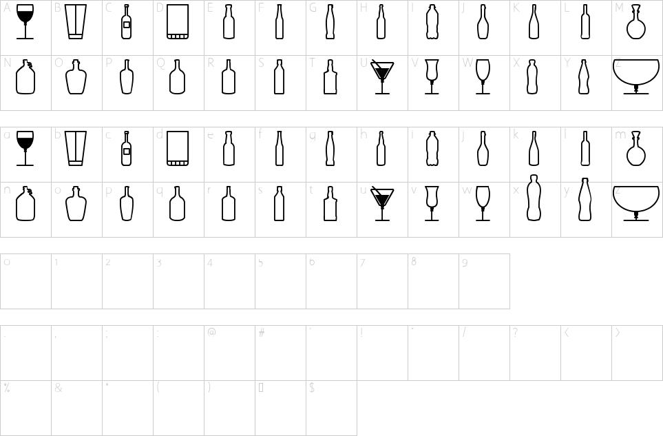 Mapa de caracteres da fonte Glass and bottles st Font
