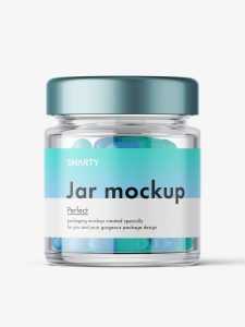 Glass jar with capsules mockup