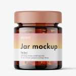 Glass jar with fish oil capsules mockup / amber