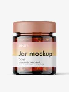 Glass jar with fish oil capsules mockup / amber
