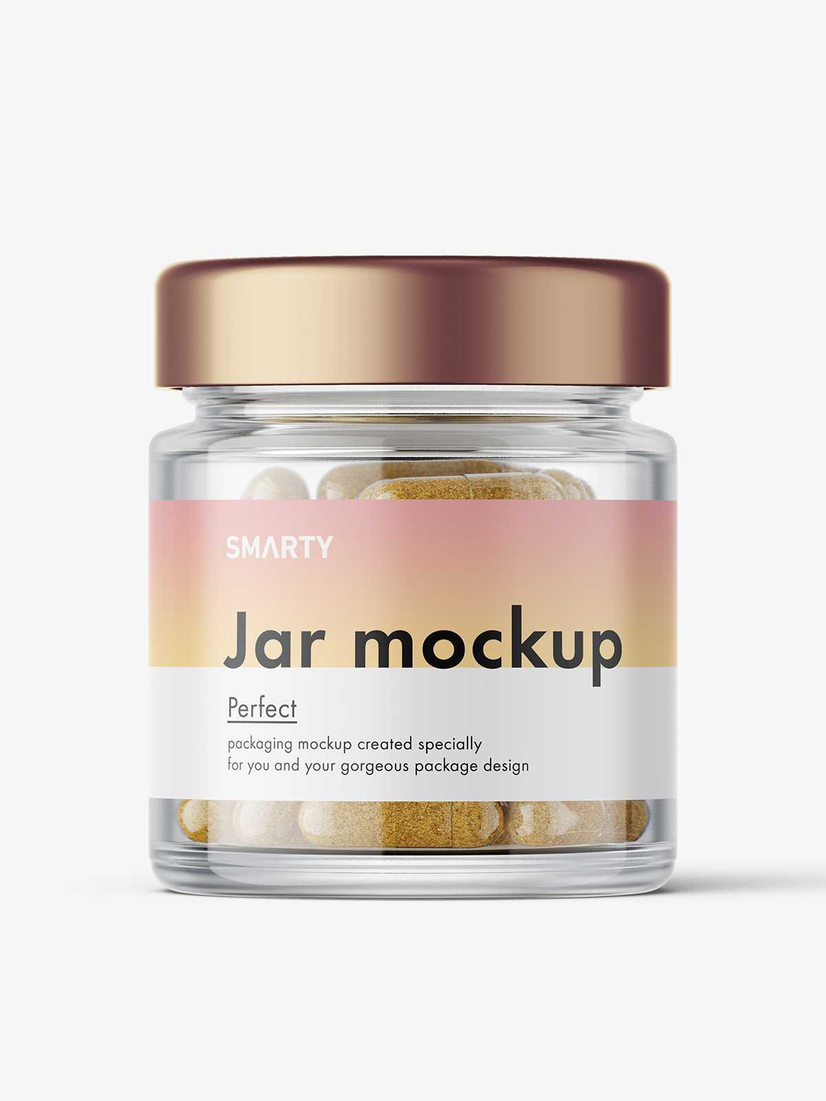 Glass jar with herbal capsules mockup