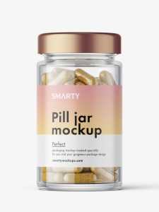 Glass jar with herbal capsules mockup