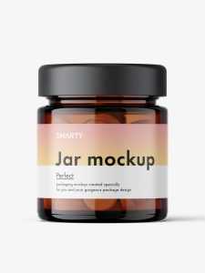 Glass jar with tablets mockup / amber