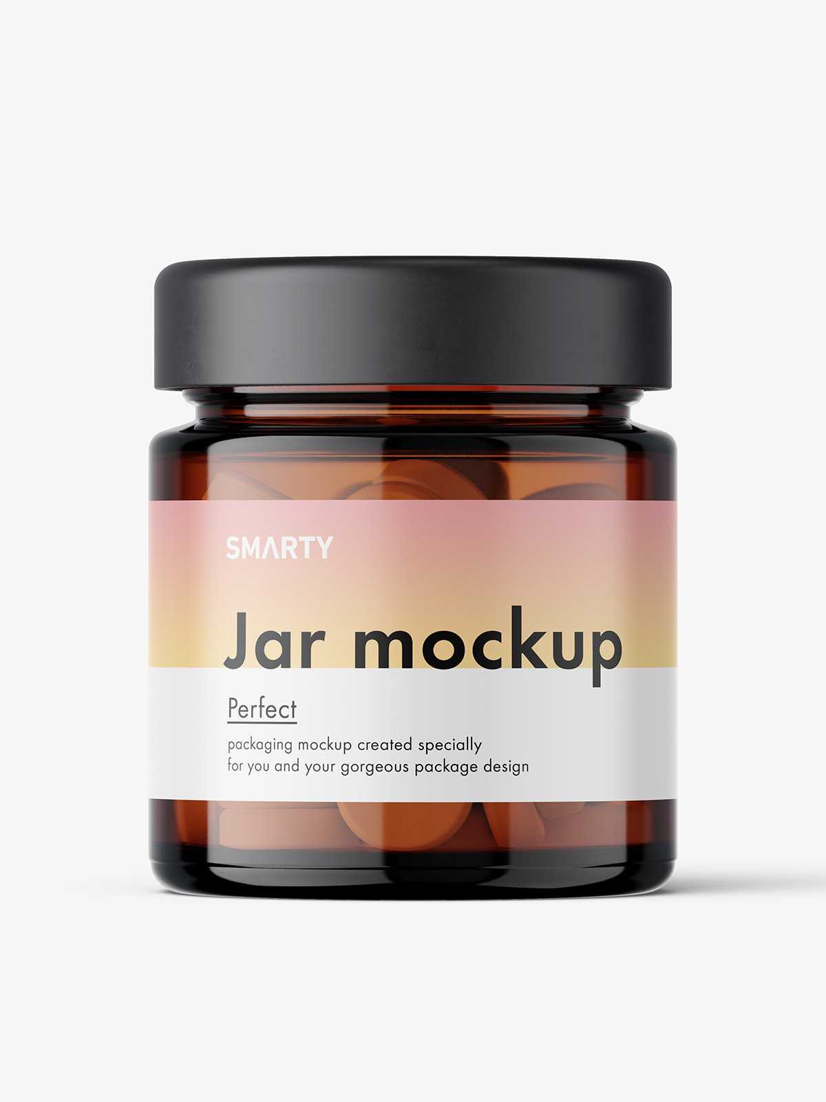 Glass jar with tablets mockup / amber