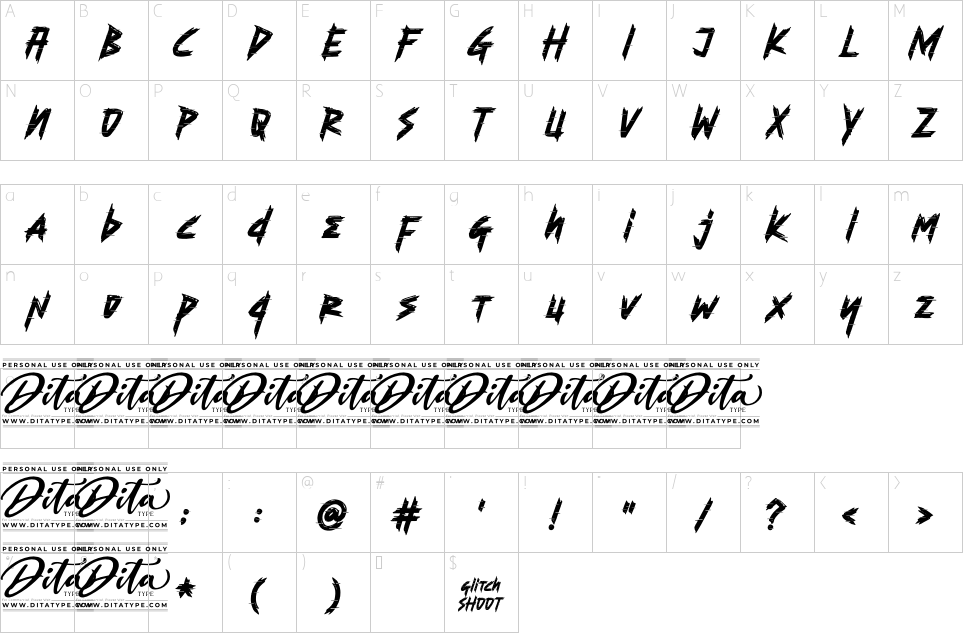 Mapa de caracteres da fonte Glitch Shoot Font