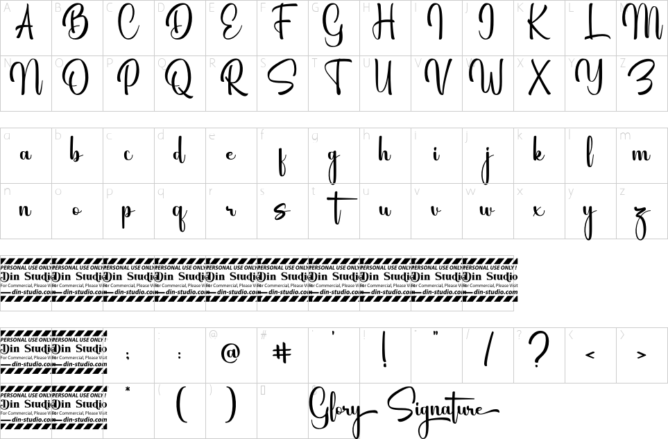 Mapa de caracteres da fonte Glory Signature Font - 1001 Free Fonts
