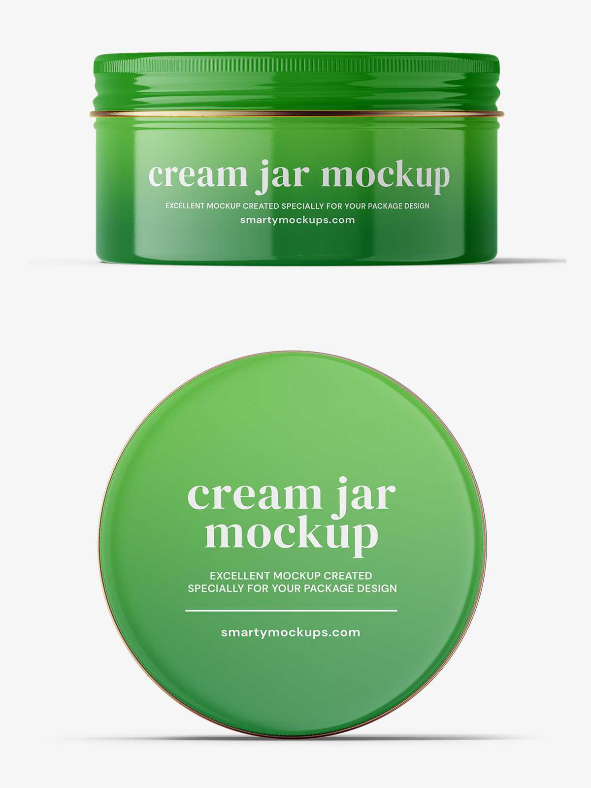Glossy tin cream jar mockup / top and front view