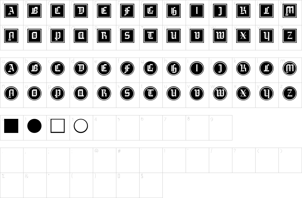 Mapa de caracteres da fonte Gotika Buttons Font - 1001 Free Fonts