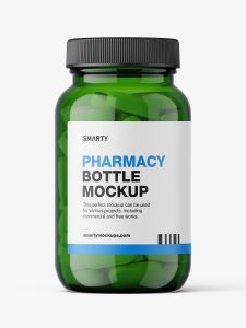 Green jar with pills mockup