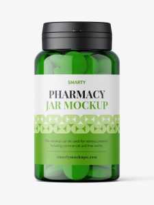 Green jar with round tablets mockup