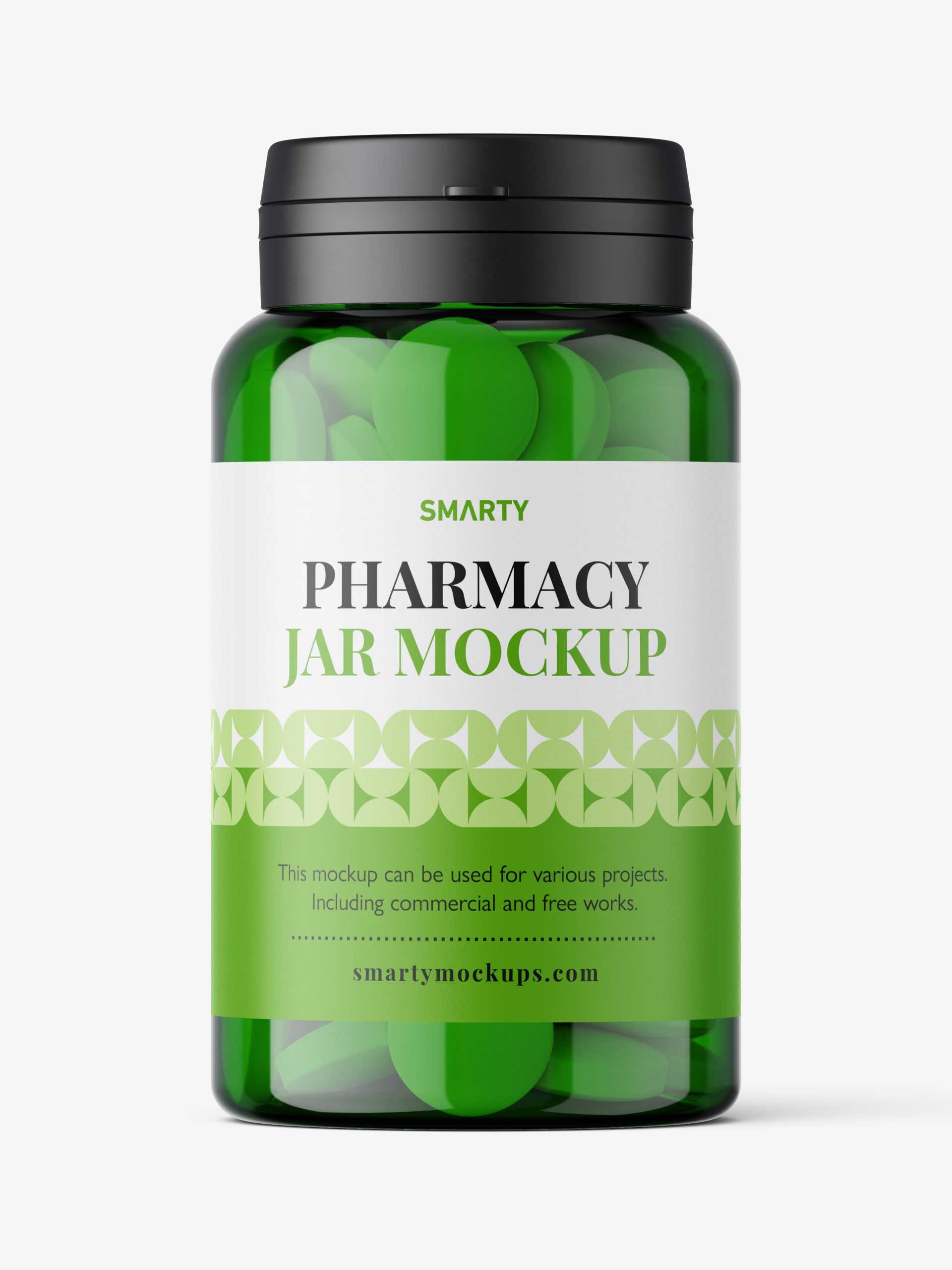 Green jar with round tablets mockup
