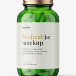 Green jar with round tablets mockup