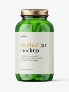 Green jar with round tablets mockup
