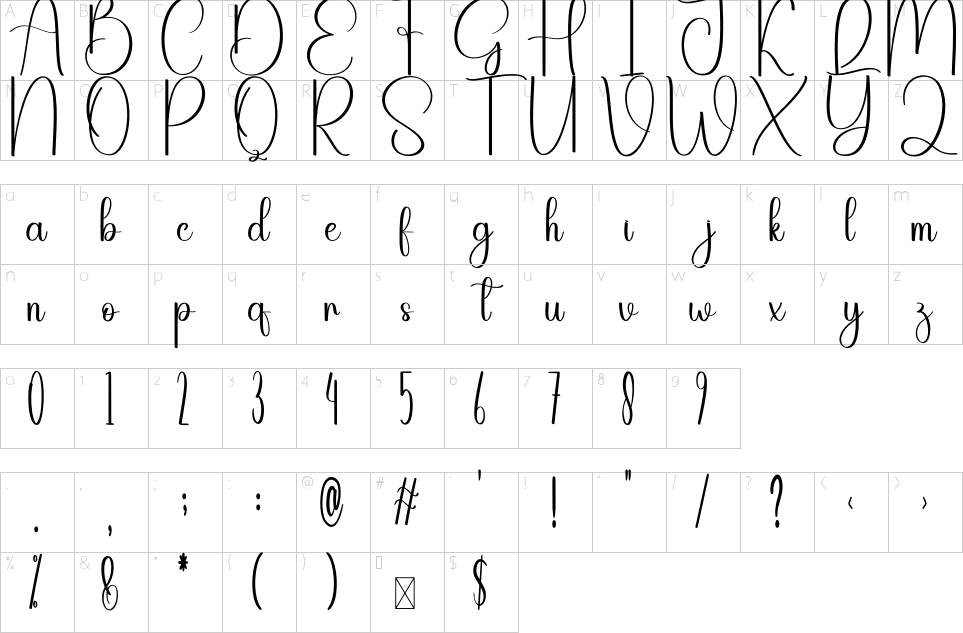Mapa de caracteres da fonte Greeting Font