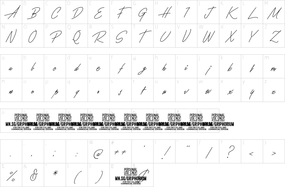 Mapa de caracteres da fonte Griphorium Font - 1001 Free Fonts