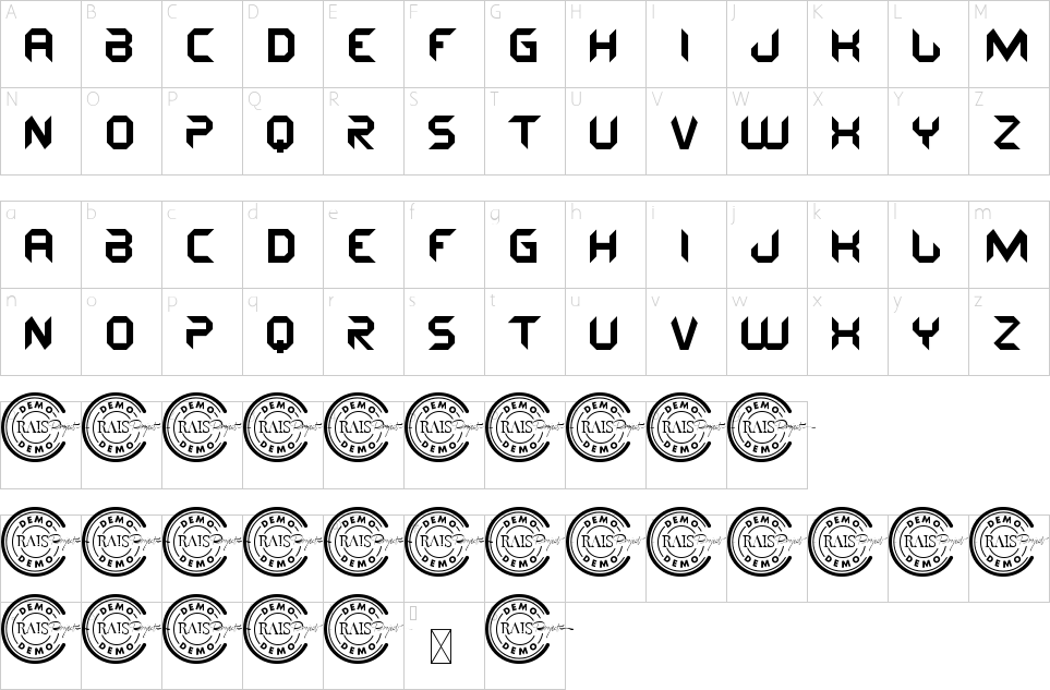 Mapa de caracteres da fonte Gunrace Font