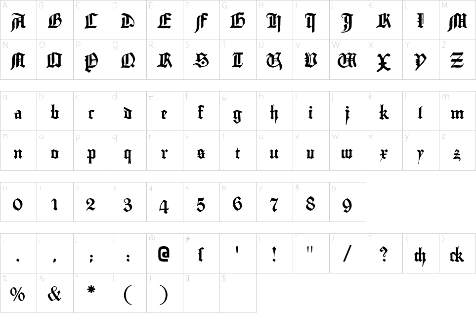 Mapa de caracteres da fonte Gutenberg Textura Font - 1001 Free Fonts