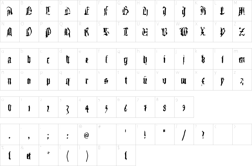 Mapa de caracteres da fonte Gutenbergs Traces Font
