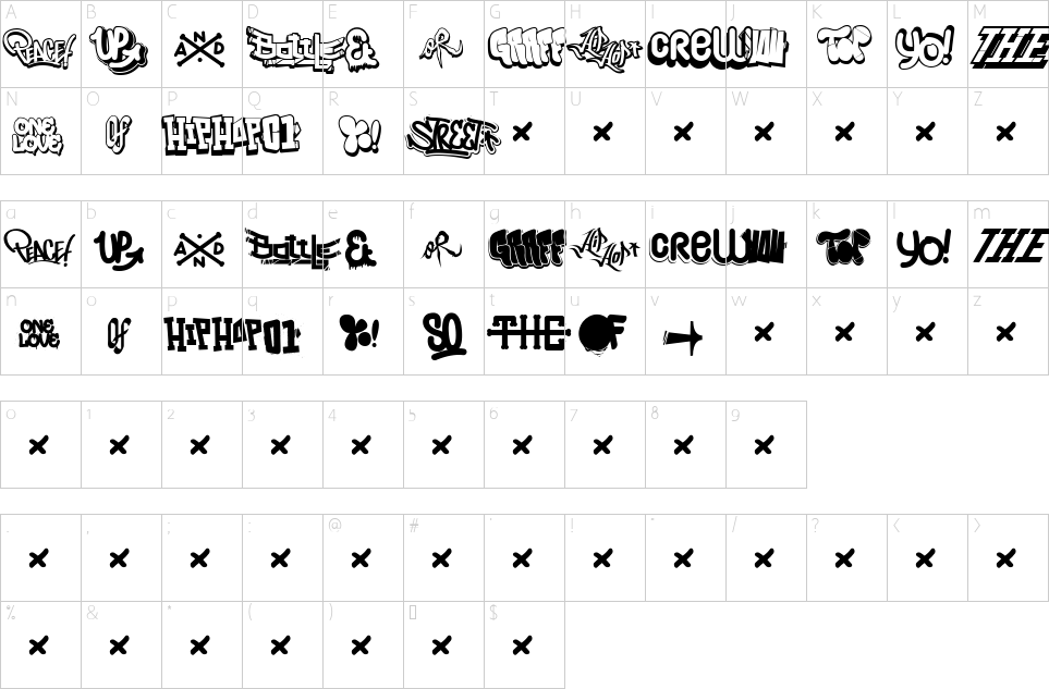 Mapa de caracteres da fonte Hip Hop Lab Font