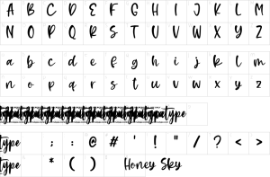 Mapa de caracteres da fonte Honey Sky Font