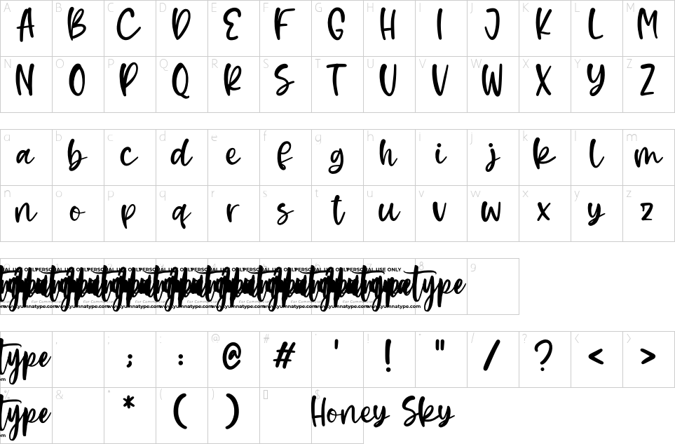 Mapa de caracteres da fonte Honey Sky Font