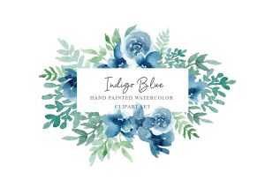 Indigo Blue Floral Watercolor Design Elements (PNG)