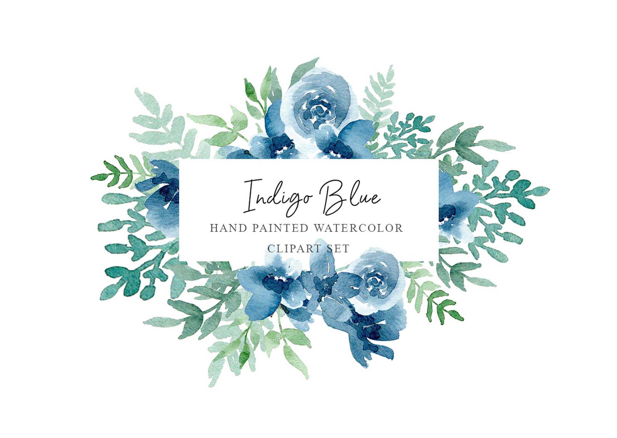 Indigo Blue Floral Watercolor Design Elements (PNG)