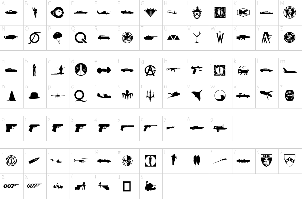 Mapa de caracteres da fonte James Bond 007 Font