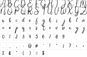 Mapa de caracteres da fonte Janji Cinta Font | 1001 Free Fonts