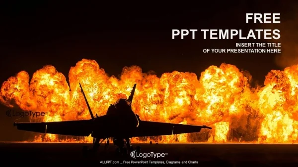 Jet fighter with fire PowerPoint Templates