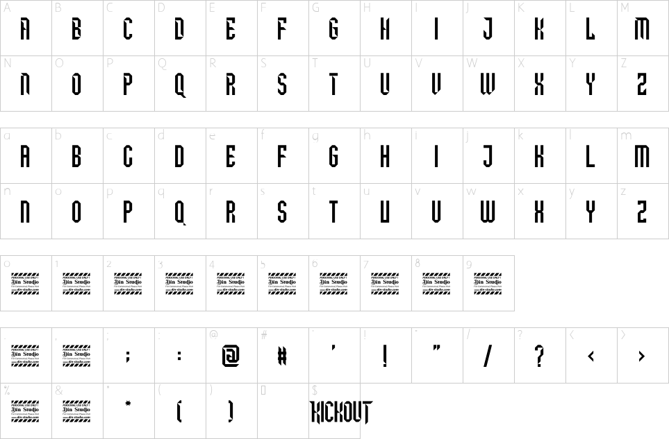 Mapa de caracteres da fonte Kickout Font
