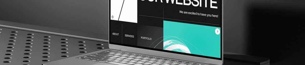 MacBook on a black table mockup
