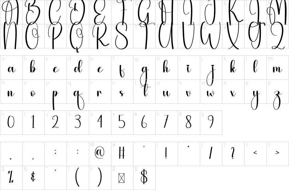 Mapa de caracteres da fonte Maddison Font | 1001 Free Fonts