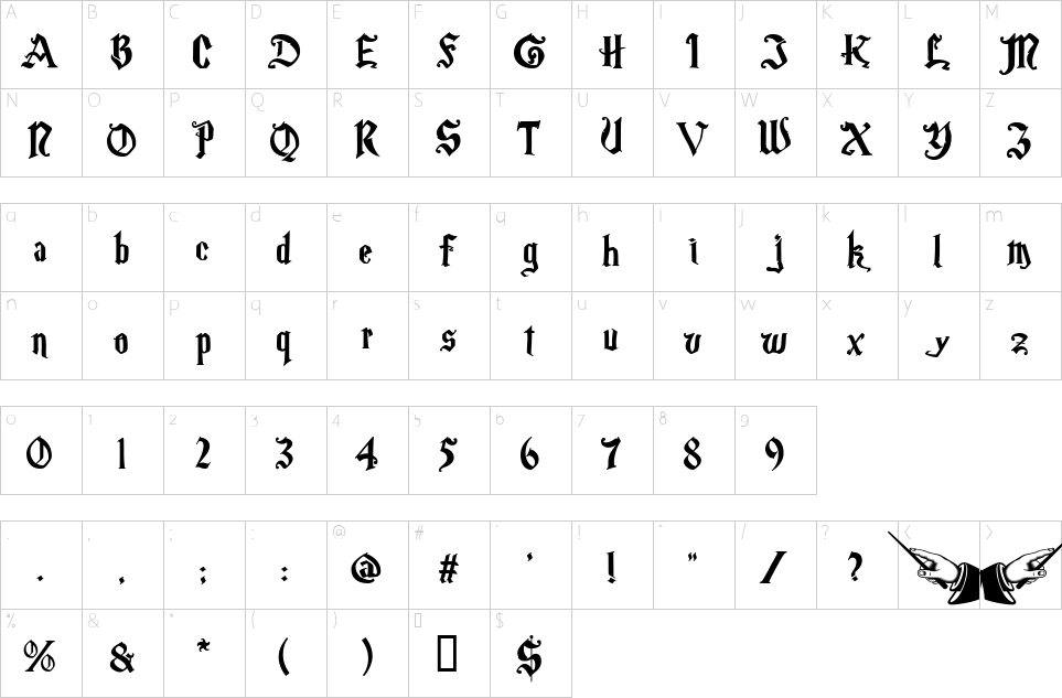 Mapa de caracteres da fonte Magic School Font