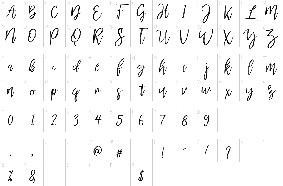 Mapa de caracteres da fonte Mellony Dry Brush Font