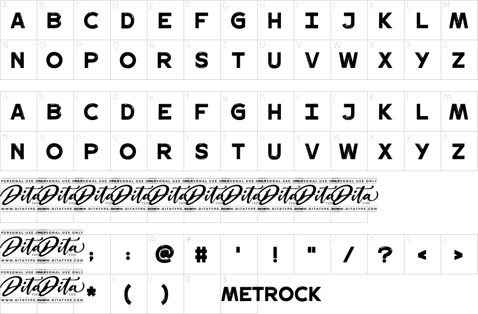 Mapa de caracteres da fonte Metrock Font | 1001 Free Fonts