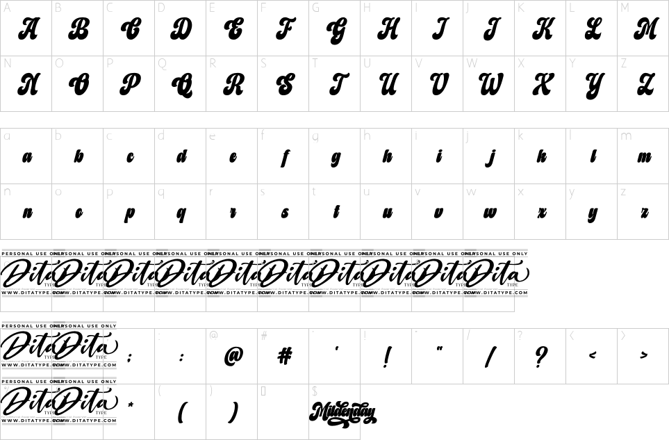 Mapa de caracteres da fonte Mildenday Font | 1001 Free Fonts