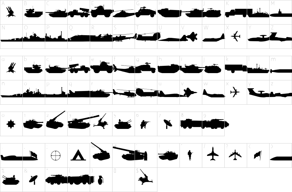 Mapa de caracteres da fonte Military RPG Font | 1001 Free Fonts