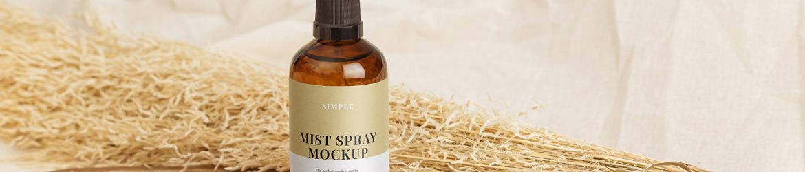 Mist spray bottle on wooden tray mockup