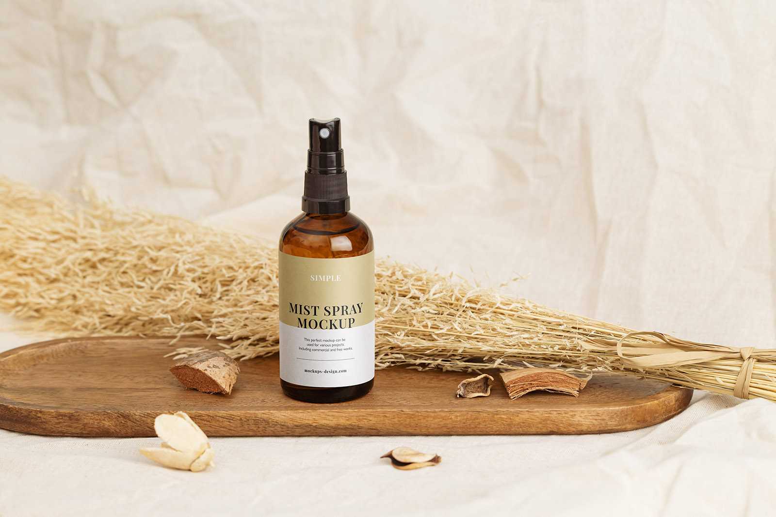 Mist spray bottle on wooden tray mockup