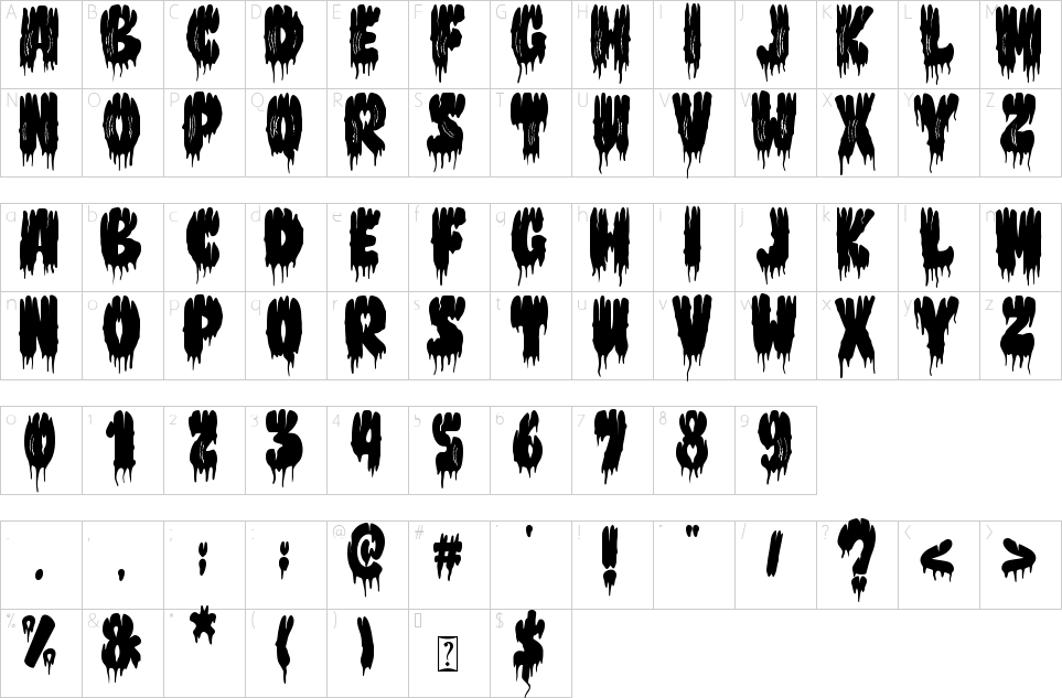Mapa de caracteres da fonte Monster Scratch Font