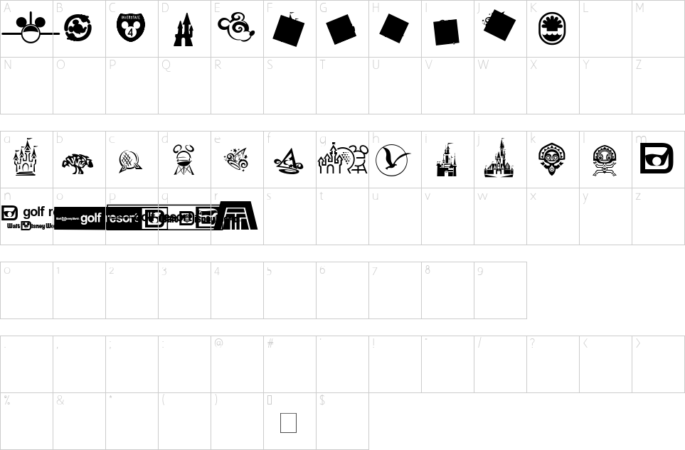 Mapa de caracteres da fonte Mouse Tags Font