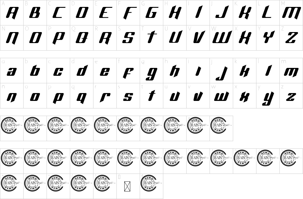 Mapa de caracteres da fonte Overtake Font