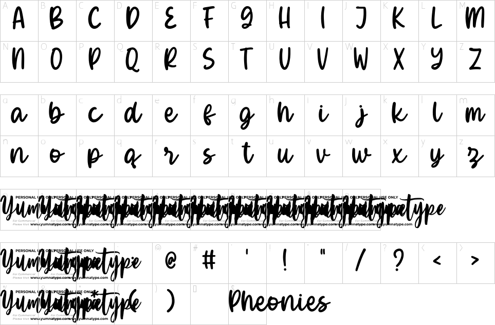 Mapa de caracteres da fonte Pheonies Font