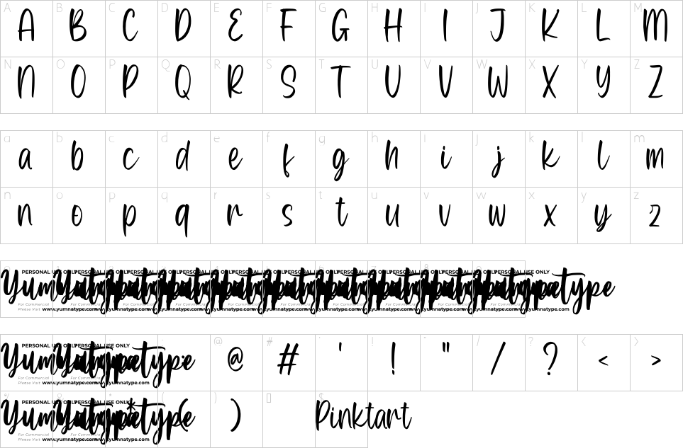 Mapa de caracteres da fonte Pinktart Font