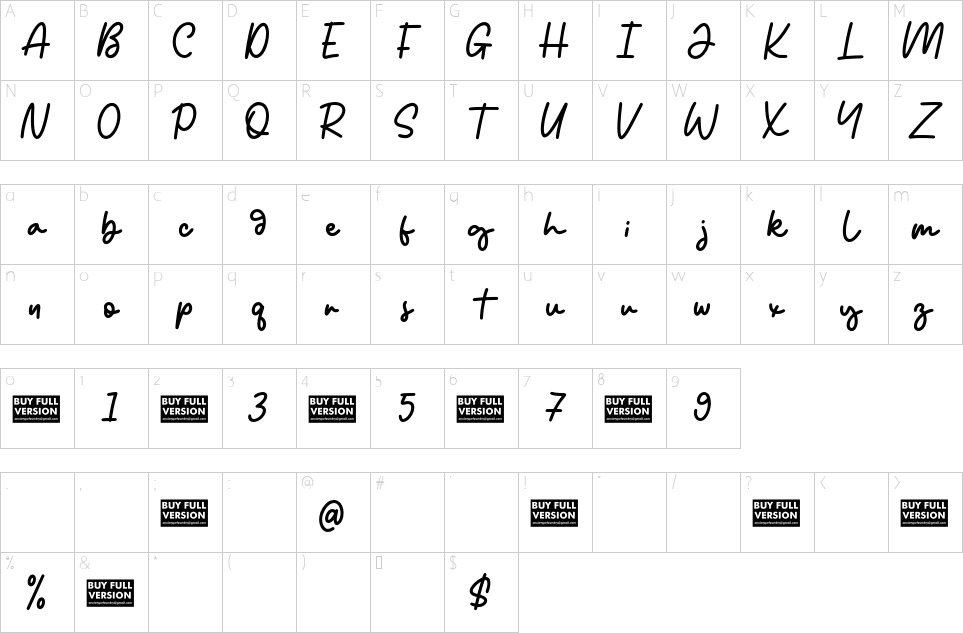 Mapa de caracteres da fonte Reileight Winterlane Font