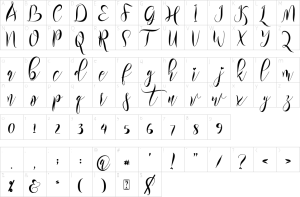 Mapa de caracteres da fonte Rillilove Font